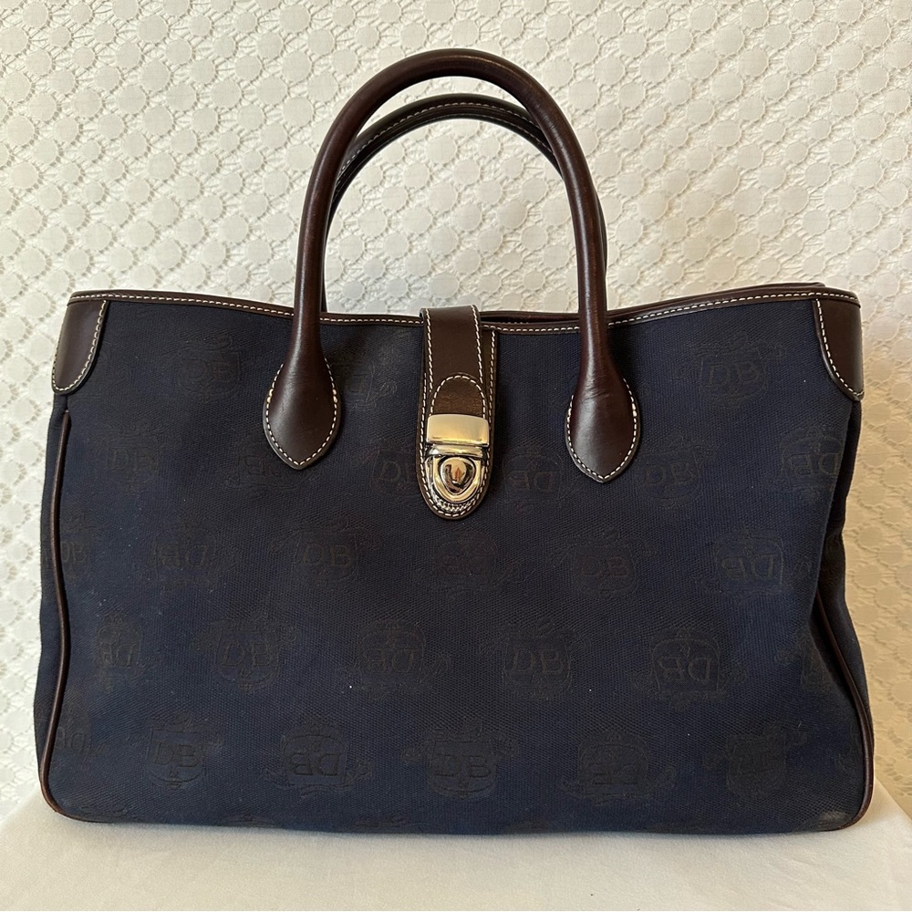 Dooney & Bourke Canvas Signature Double Handle Tote Leather Navy Blue Brown - Picture 2 of 9
